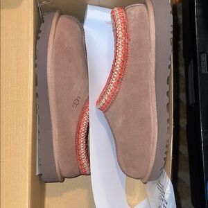 UGG Women's Tan Suede Mules with Red Trim